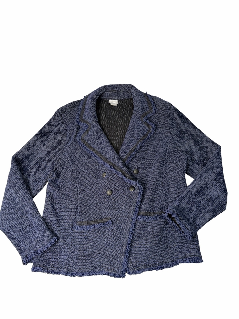 Chico's Navy Fringe-Trim Double-Breasted Knit Blazer